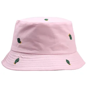 Pink cotton reversible bucket hat with cactus embroidery for outdoor sun protection