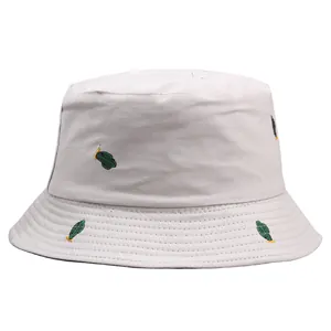 Unisex beige cotton bucket hat with green cactus embroidery for outdoor sun protection