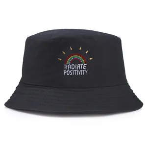 Rainbow Embroidery Bucket Hat With Radiate Positivity Letter Cotton Foldable Sun Protection Outdoor Beach Hat For Women Men