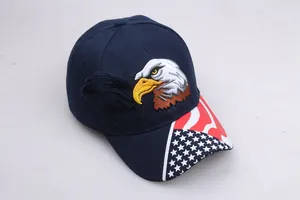 Detail showing high-density eagle embroidery and American flag print on baseball cap brim