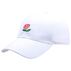 White cotton baseball cap with red rose embroidery on front and a curved brim