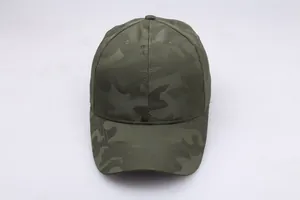 Detail view of a camouflage pattern baseball cap with a six-panel stitched construction