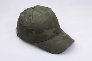 Detail view of military green camouflage baseball cap with adjustable metal buckle