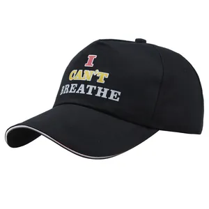 Schwarze Baumwoll-Baseballkappe mit I CAN'T BREATHE Aufdruck und weißen Ziernähten