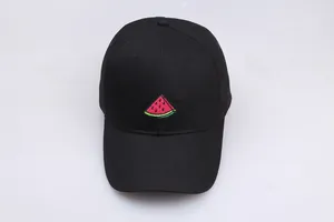 Classic black cotton baseball cap with detailed watermelon embroidery on the front