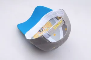 Detail der grauen Baseballkappe mit goldener Adlerstickerei und blauer Schirmunterseite