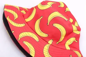 Close-up detail of red banana print bucket hat with high-quality fabric stitching