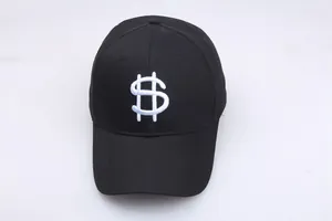Casquette de baseball hip hop noire avec broderie signe dollar blanc pour hommes et femmes