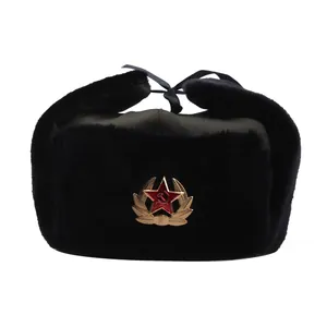 Classic black Ushanka fur hat with Soviet red star emblem for winter warmth