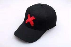 Unisex black punk hip hop baseball cap with large red X embroidery on white background