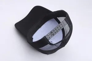 Classic black mesh trucker hat with adjustable snapback closure and breathable back