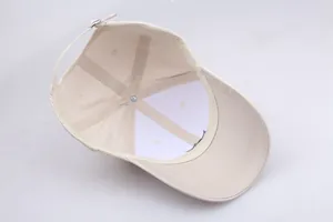Detailed interior of beige baseball cap featuring six-panel seams and metal adjustment buckle