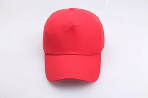 Detailed front view of red 5-panel trucker hat with breathable mesh and solid crown