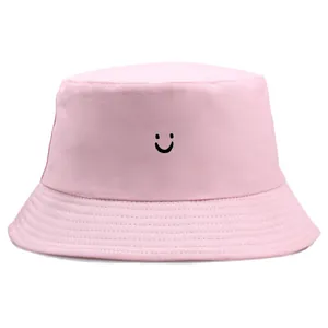 Rosa Fischerhut aus Segeltuch mit besticktem Smiley für Damen und Herren Sonnenschutz