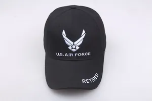 Detail of U.S. AIR FORCE logo embroidery on black baseball cap with RETIRED text