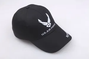 Black US Air Force military baseball cap with white embroidery and sun protection
