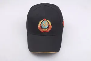 Close-up of Soviet USSR emblem and flag embroidery on a black cotton tactical baseball cap