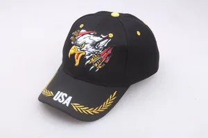 Close-up of eagle embroidery and USA text on the brim of a black baseball cap