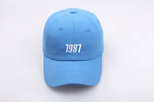 Detailansicht der weißen 1987 Bestickung auf einer hellblauen Baumwoll-Basecap