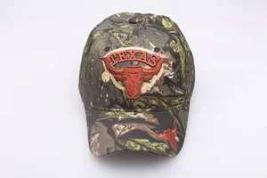 Outdoor camouflage baseball cap with orange Texas Longhorn embroidery and hook-and-loop patch