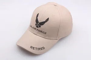 Detail of khaki US Air Force baseball cap with black embroidery and breathable vents