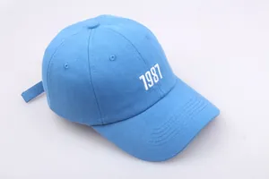 Nahaufnahme der blauen Baumwoll-Baseballkappe mit weißer 1987 Stickerei und gebogener Krempe