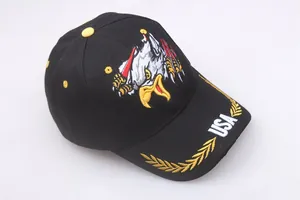Detail of eagle embroidery and USA lettering on a black cotton baseball cap