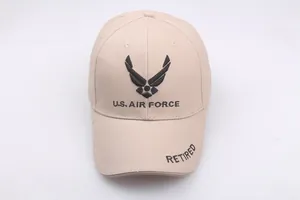 Close-up of U.S. Air Force Retired embroidery on khaki cotton pilot baseball cap