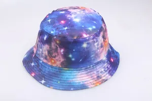 Detailed top view of reversible bucket hat featuring vibrant galaxy and nebula star prints