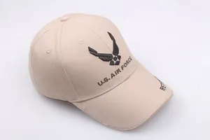 Close-up of U.S. Air Force embroidery on high-quality beige cotton baseball cap