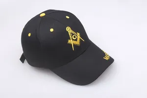 Top view of black cotton baseball cap showing yellow Freemason embroidery and eyelets