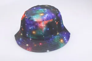 Detailed view of galaxy print bucket hat with reinforced stitching on the brim