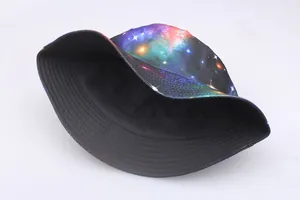 Detail of a double-sided bucket hat featuring vibrant nebula star prints and neat stitching