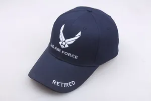 Detailed white embroidery of U.S. Air Force logo and Retired text on navy baseball cap