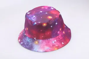Close-up of starry sky pattern on bucket hat with gradient galaxy nebula texture