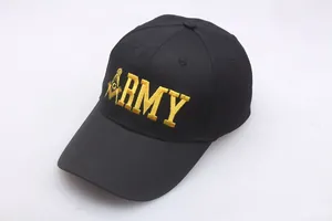 Macro detail of the gold Freemasonry emblem and ARMY embroidery on black cotton baseball cap