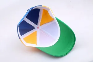 Detailed interior of multi-colored propeller baseball cap showing sweatband and stitching