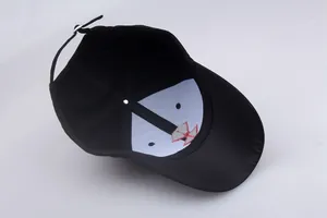 Internal view of black 6-panel baseball cap with metal buckle and red embroidery