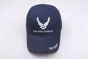 Detail of navy blue US Air Force cap with white embroidery and retired text on brim