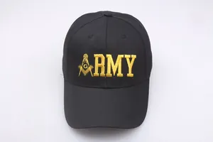 Close-up of yellow Freemason symbol embroidery and ARMY text on a black cotton baseball cap