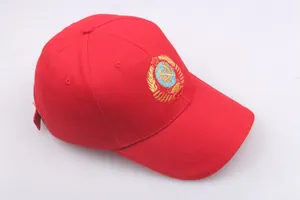 Detailed embroidery of the USSR emblem with sickle and hammer on a red cotton baseball cap