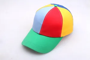 Close-up of a colorful propeller baseball cap with green brim and multi-color panels