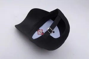 Rear view of a black cotton baseball cap featuring an adjustable strap and metal buckle