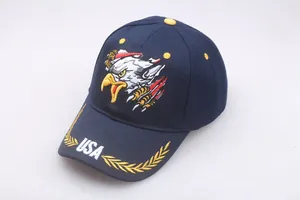 Detailed embroidery of an eagle head and USA text on a navy cotton baseball cap