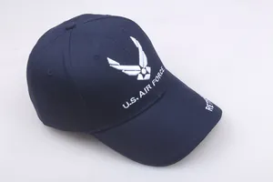 Detail of navy cotton baseball cap with U.S. AIR FORCE logo and side embroidery