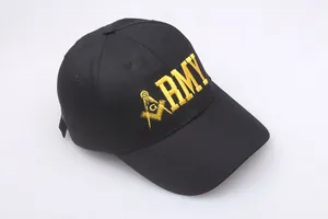 Close-up of yellow Freemasonry compass and square embroidery on black cotton baseball cap