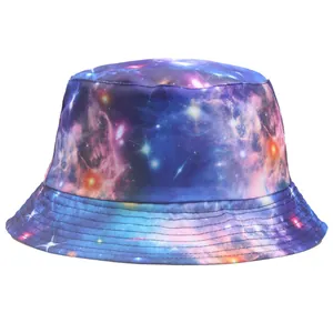 Women's Double Sided Galaxy Print Bucket Hat Fashion Starry Sky Sunshade Flat Top Short Brim Polyester Summer Travel Outdoor Hat