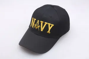 Detailed golden Navy embroidery and Freemason symbol on a black cotton baseball cap