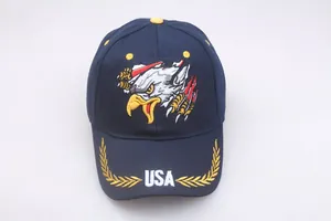 Detail of navy blue baseball cap featuring eagle embroidery and golden USA lettering