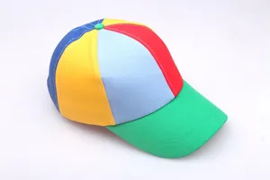 Detailed top view of multi-colored patchwork propeller cap with reinforced stitching